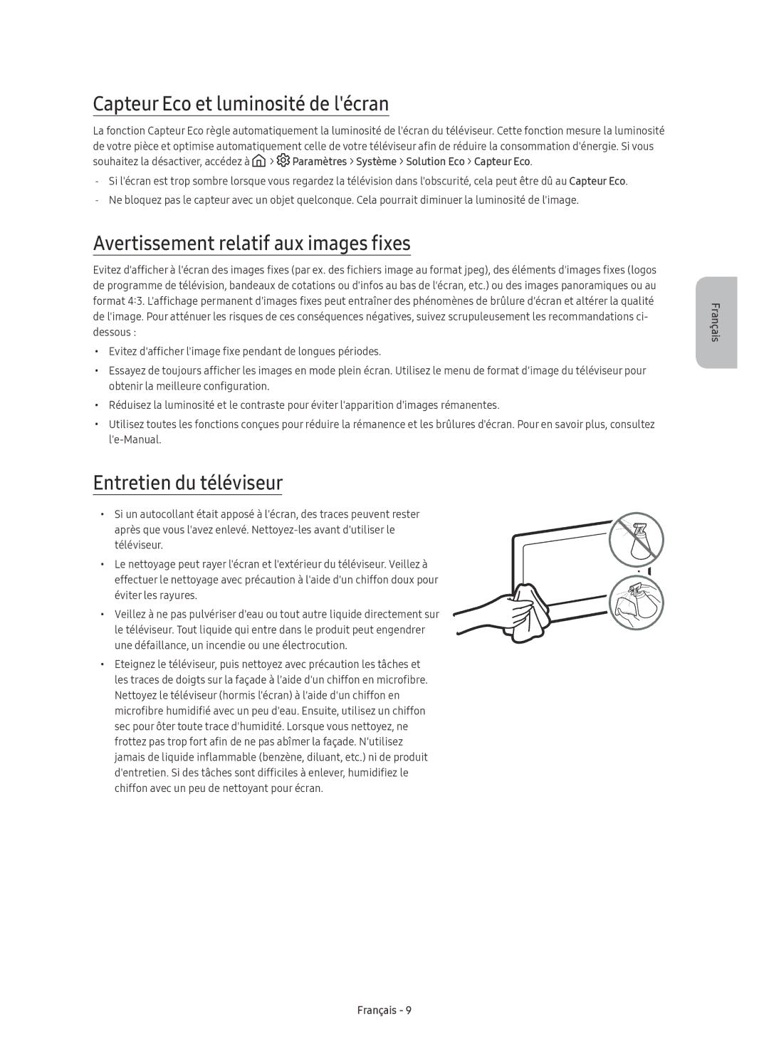 Samsung UE49KS7080UXZG, UE49KS7090UXZG manual Capteur Eco et luminosité de lécran, Avertissement relatif aux images fixes 