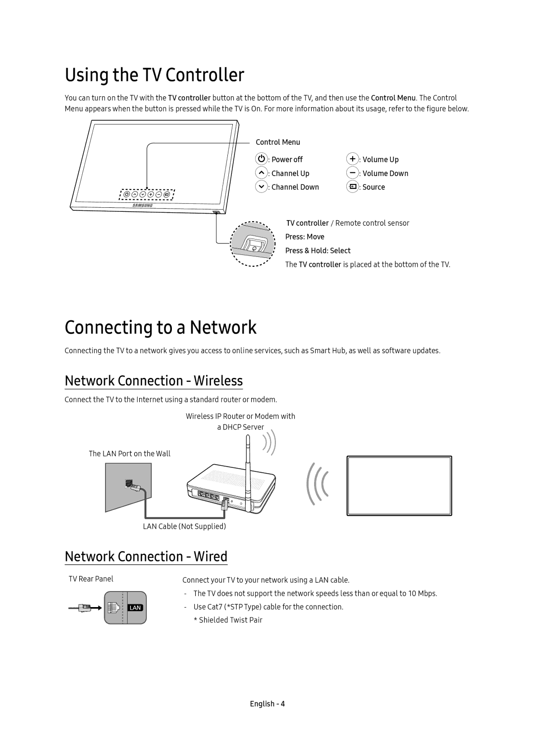 Samsung UE60KS7080UXZG, UE49KS7090UXZG manual Using the TV Controller, Connecting to a Network, Network Connection Wireless 