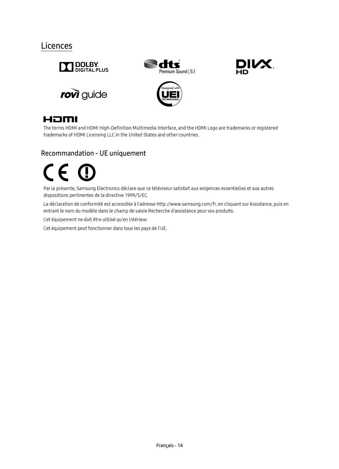 Samsung UE65KS7090UXZG, UE49KS7090UXZG, UE60KS7090UXZG, UE55KS7090UXZG, UE60KS7080UXZG Licences, Recommandation UE uniquement 