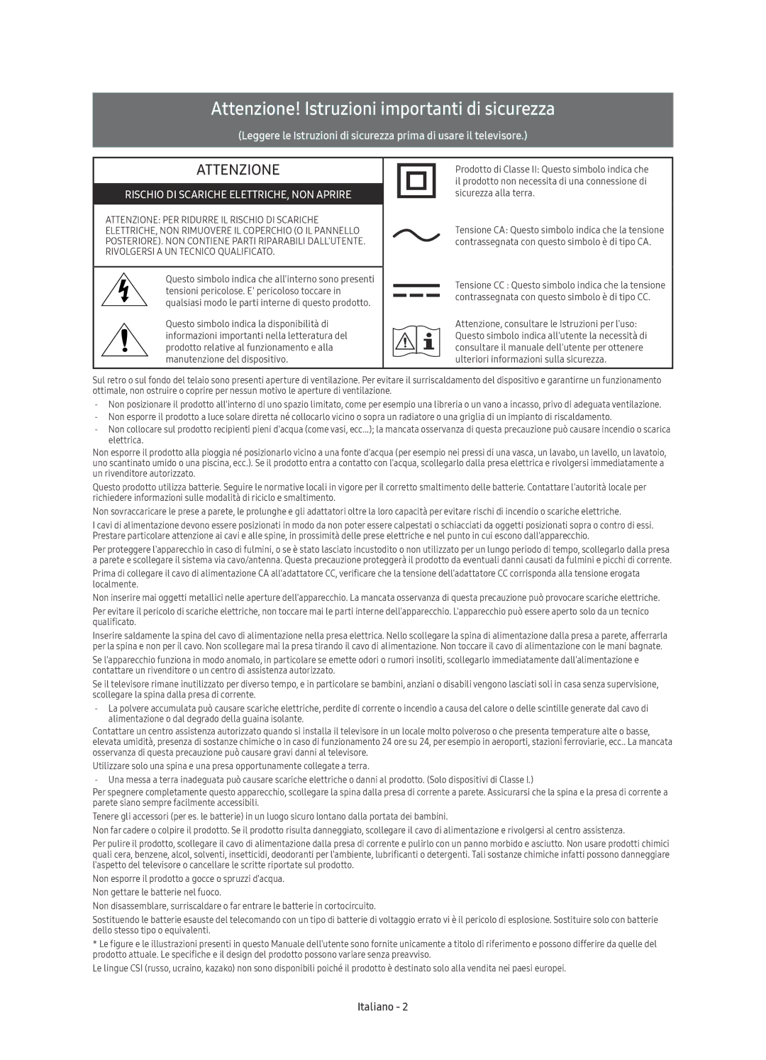 Samsung UE60KS7080UXZG, UE49KS7090UXZG, UE60KS7090UXZG, UE65KS7090UXZG manual Attenzione! Istruzioni importanti di sicurezza 