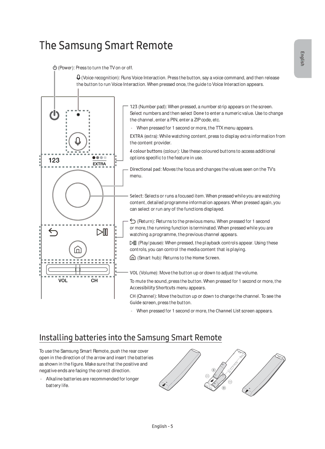 Samsung UE49KS7080UXZG, UE49KS7090UXZG, UE60KS7090UXZG manual Installing batteries into the Samsung Smart Remote 