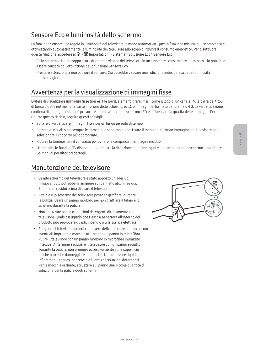 Samsung UE55KS7090UXZG manual Sensore Eco e luminosità dello schermo, Avvertenza per la visualizzazione di immagini fisse 