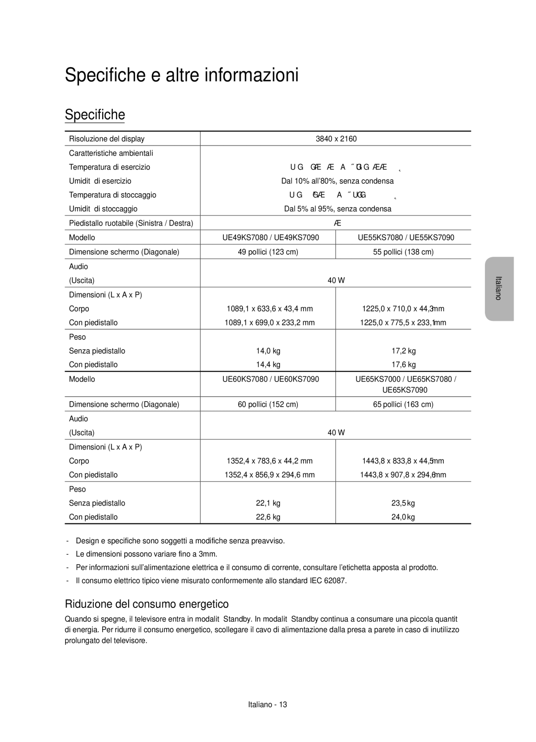 Samsung UE55KS7080UXZG, UE49KS7090UXZG, UE60KS7090UXZG Specifiche e altre informazioni, Riduzione del consumo energetico 