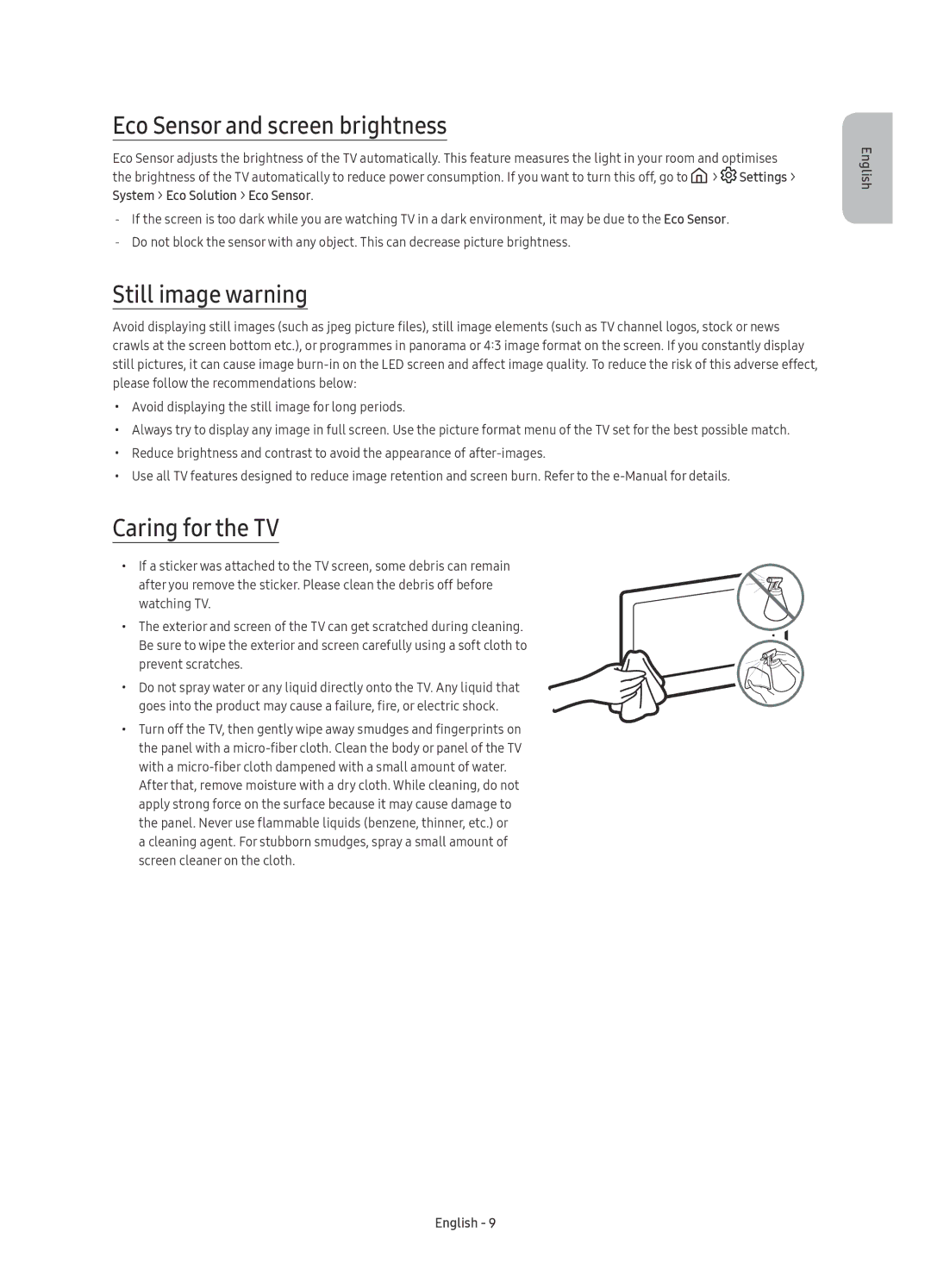 Samsung UE60KS7090UXZG, UE49KS7090UXZG manual Eco Sensor and screen brightness, Still image warning, Caring for the TV 