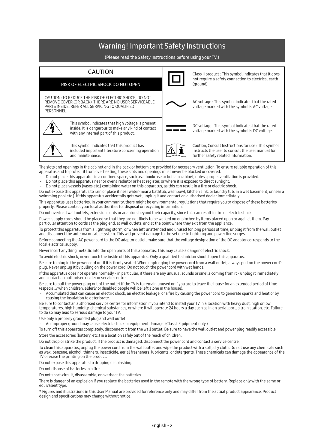 Samsung UE49KS7500UXRU, UE55KS7500UXRU, UE65KS7500UXRU manual Risk of Electric Shock do not Open 