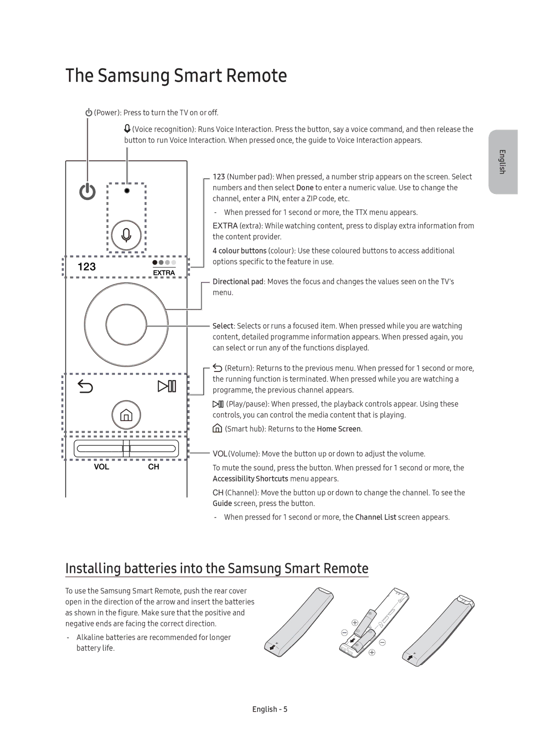 Samsung UE49KS7500UXRU manual Installing batteries into the Samsung Smart Remote, Power Press to turn the TV on or off 