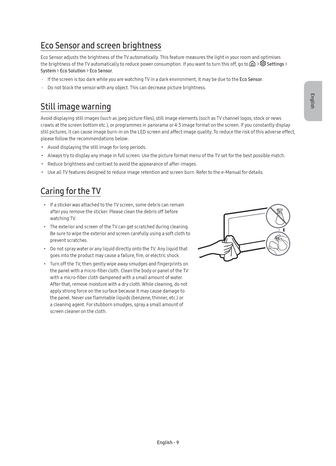 Samsung UE55KS7500UXRU manual Eco Sensor and screen brightness, Still image warning, Caring for the TV, Prevent scratches 