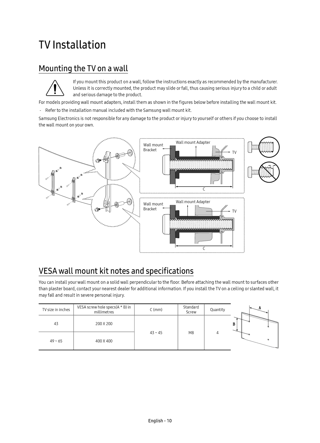 Samsung UE65KS7500UXRU manual TV Installation, Mounting the TV on a wall, Vesa wall mount kit notes and specifications 