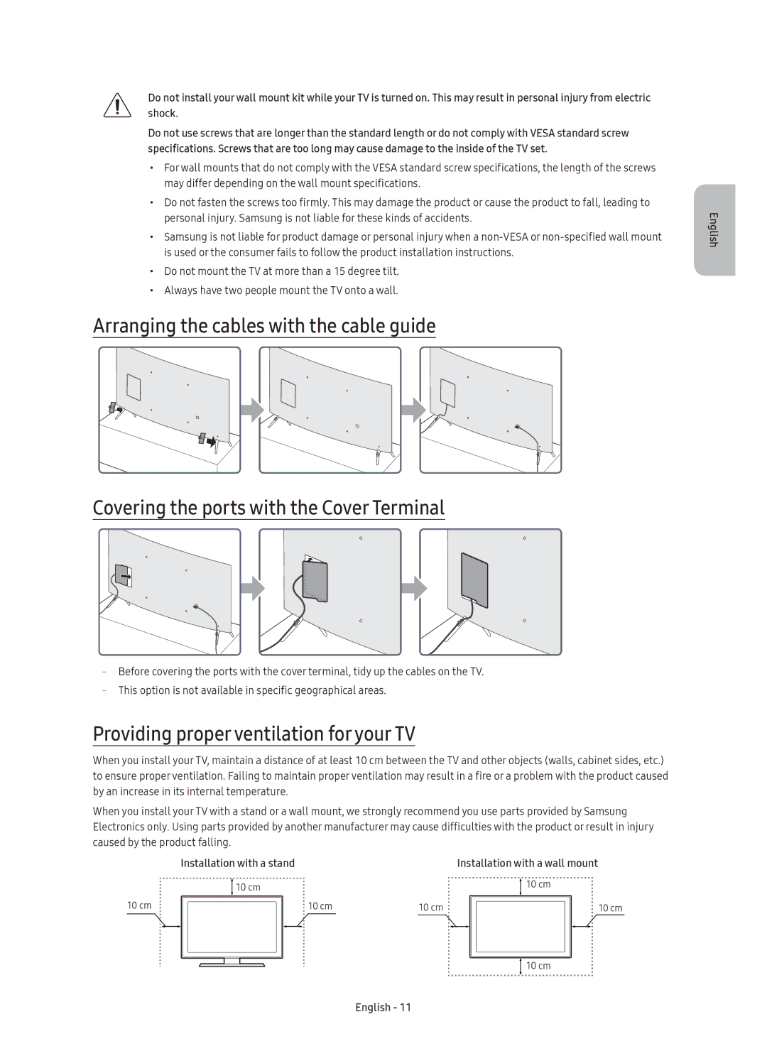 Samsung UE49KS7500UXRU, UE55KS7500UXRU, UE65KS7500UXRU manual Providing proper ventilation for your TV 