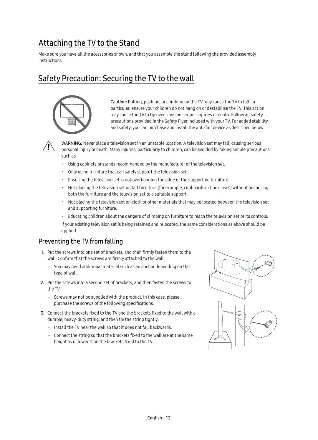 Samsung UE55KS7500UXRU, UE49KS7500UXRU manual Attaching the TV to the Stand, Safety Precaution Securing the TV to the wall 