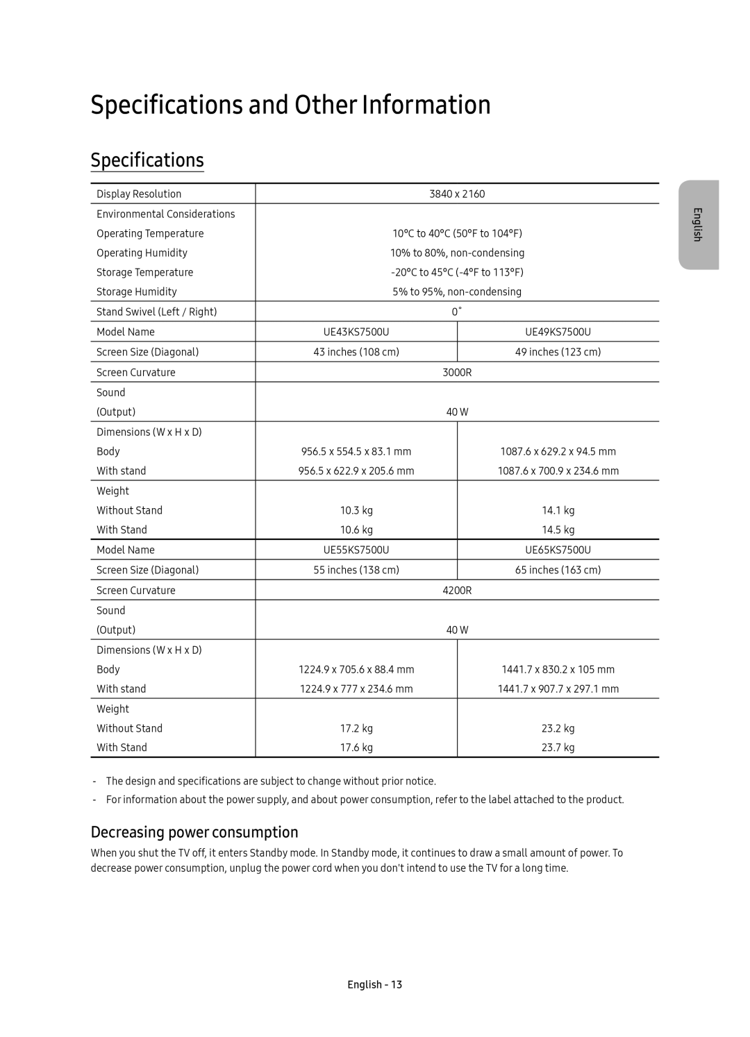 Samsung UE65KS7500UXRU, UE49KS7500UXRU, UE55KS7500UXRU Specifications and Other Information, Decreasing power consumption 