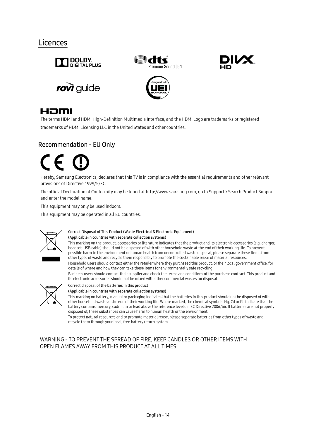 Samsung UE49KS7500UXRU, UE55KS7500UXRU, UE65KS7500UXRU manual Licences, Recommendation EU Only 