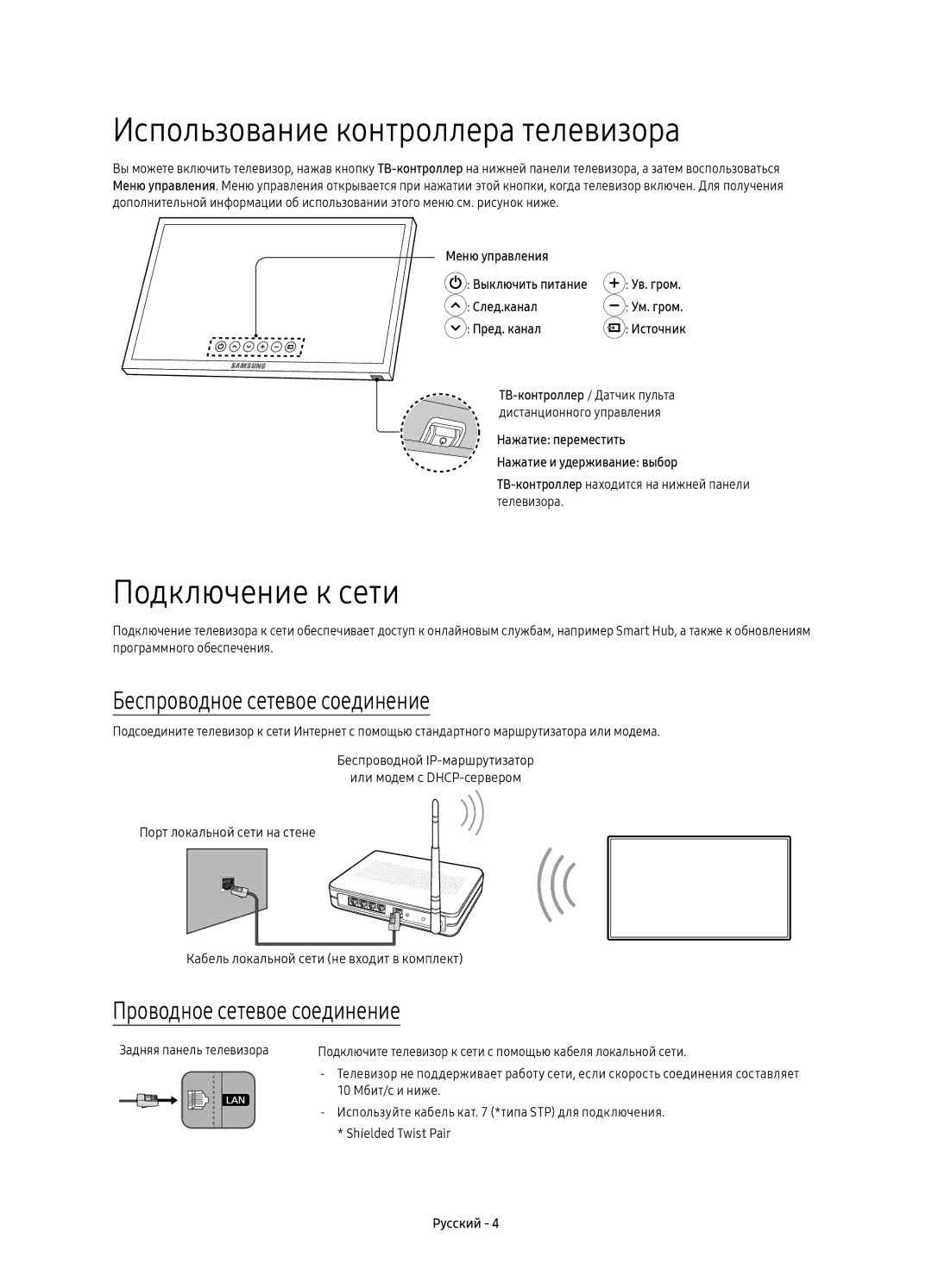 Samsung UE55KS7500UXRU manual Использование контроллера телевизора, Подключение к сети, Беспроводное сетевое соединение 