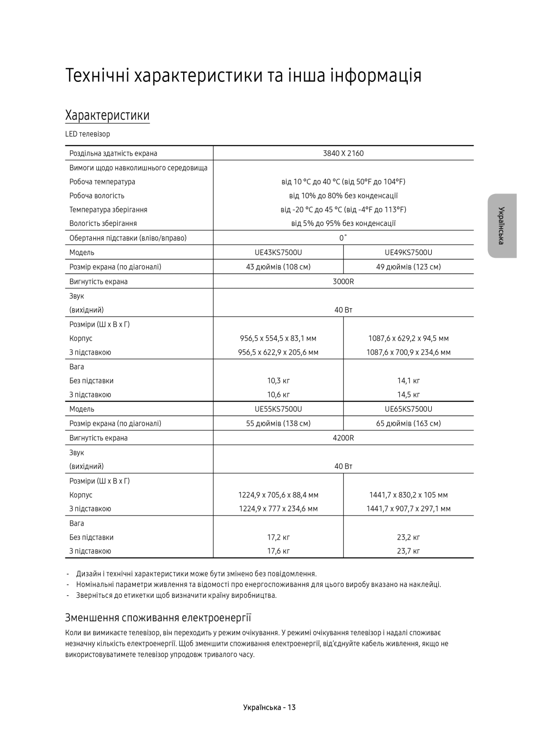 Samsung UE55KS7500UXRU Технічні характеристики та інша інформація, Характеристики, Зменшення споживання електроенергії 