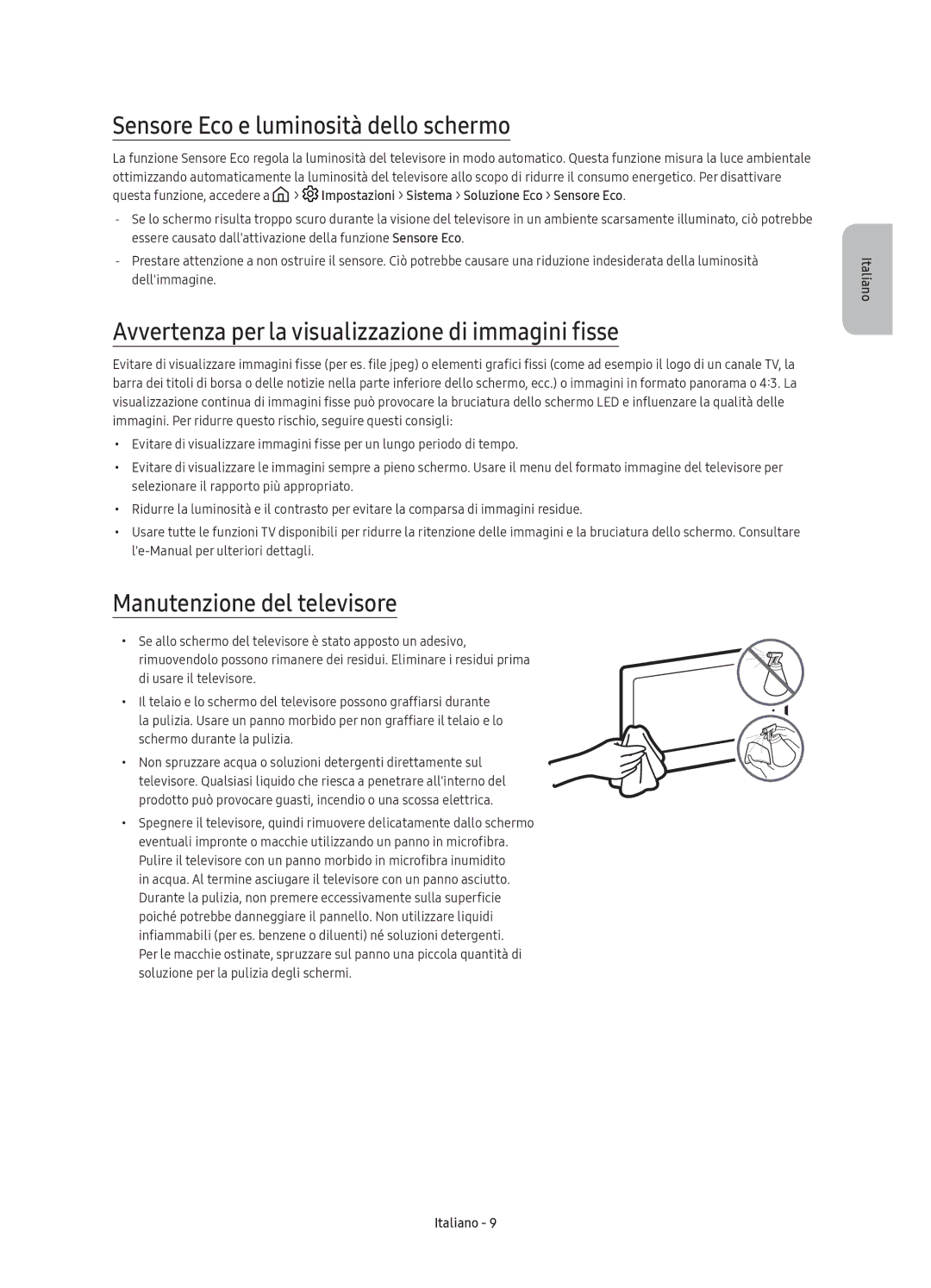 Samsung UE65KS7500UXZT manual Sensore Eco e luminosità dello schermo, Avvertenza per la visualizzazione di immagini fisse 