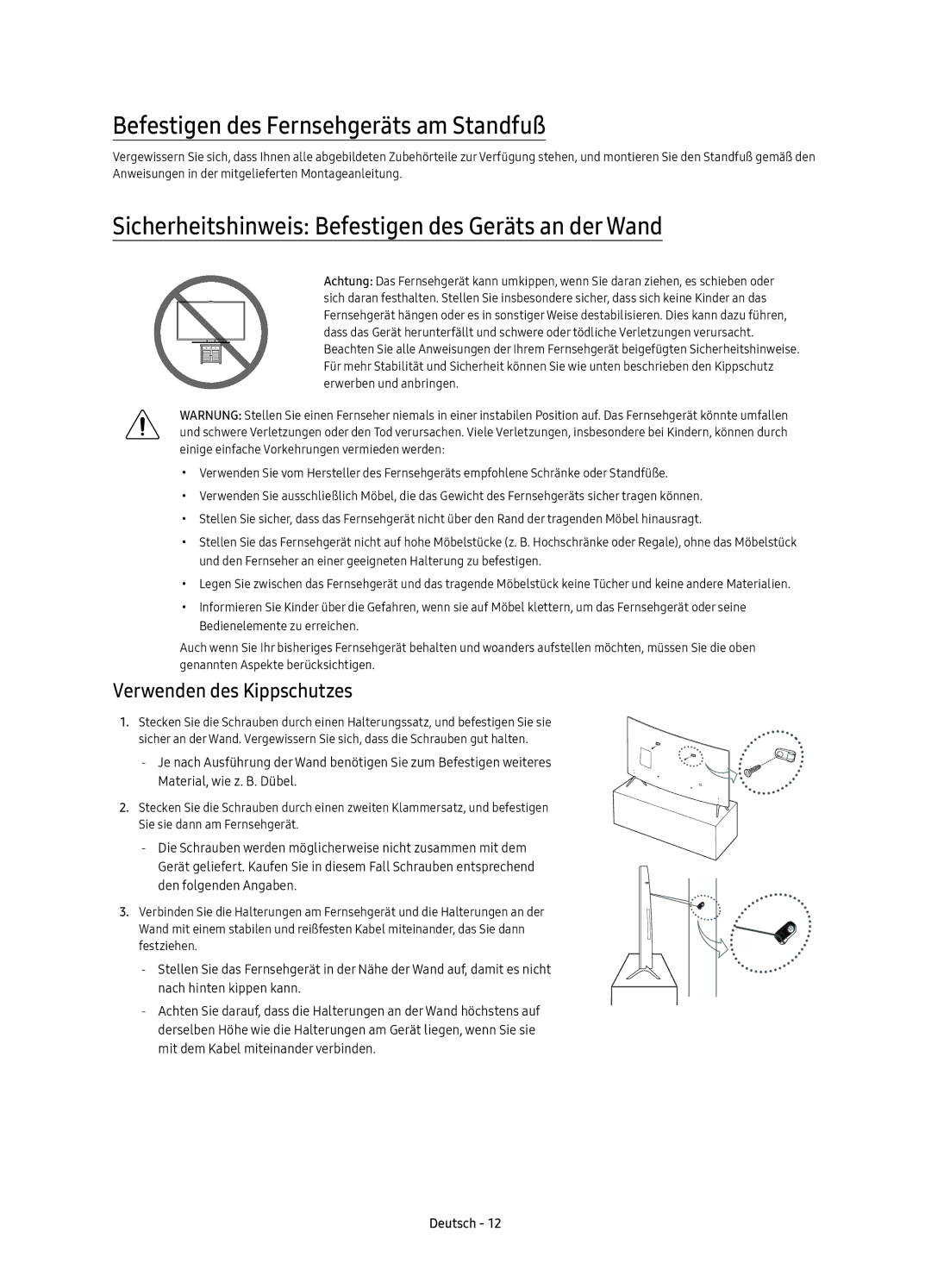 Samsung UE49KS7500UXZT Befestigen des Fernsehgeräts am Standfuß, Sicherheitshinweis Befestigen des Geräts an der Wand 