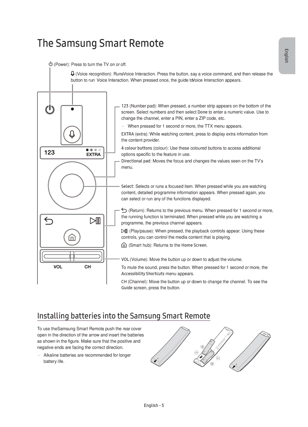 Samsung UE43KS7500UXZT manual Installing batteries into the Samsung Smart Remote, Power Press to turn the TV on or off 