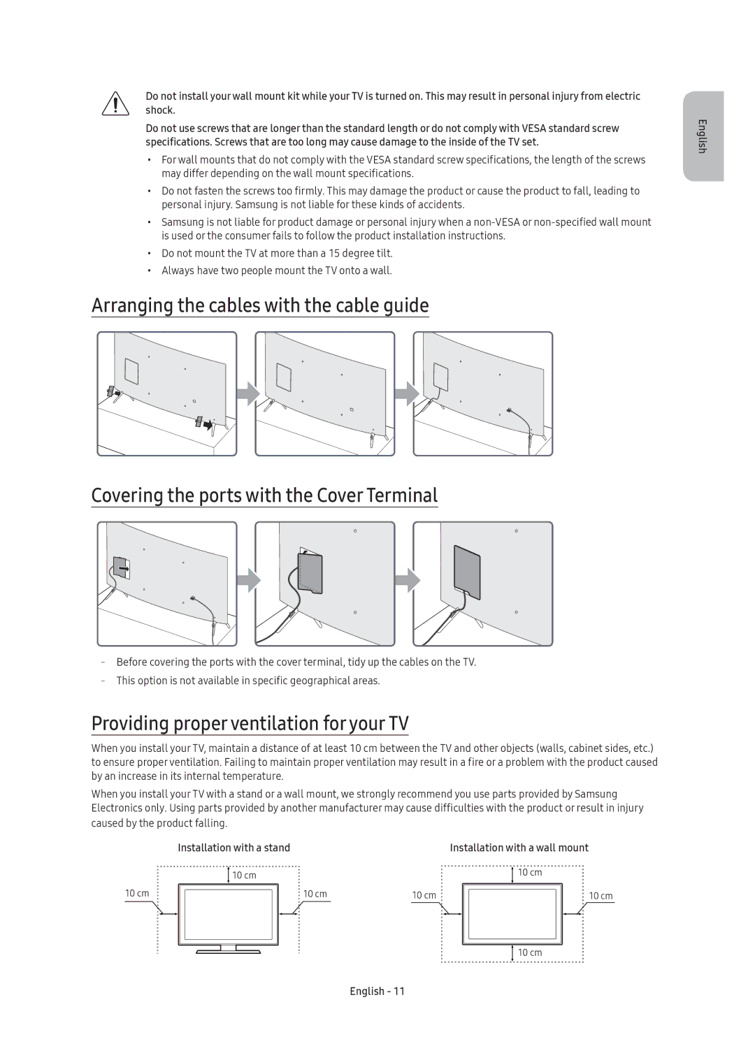 Samsung UE55KS7500SXXN Providing proper ventilation for your TV, Caused by the product falling, Installation with a stand 