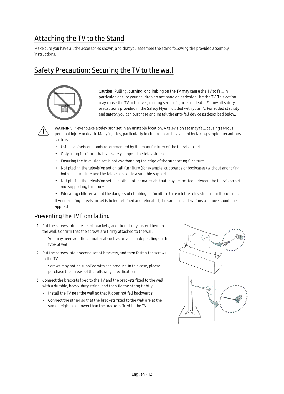 Samsung UE49KS7502UXXH, UE65KS7502UXXH manual Attaching the TV to the Stand, Safety Precaution Securing the TV to the wall 