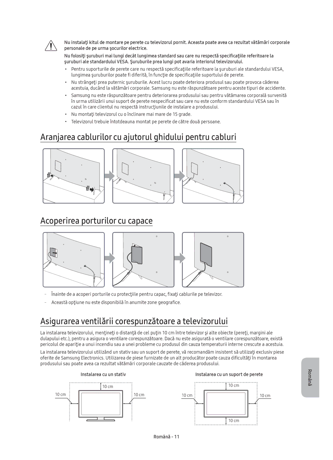 Samsung UE49KS7500SXXH, UE49KS7502UXXH manual Asigurarea ventilării corespunzătoare a televizorului, Instalarea cu un stativ 