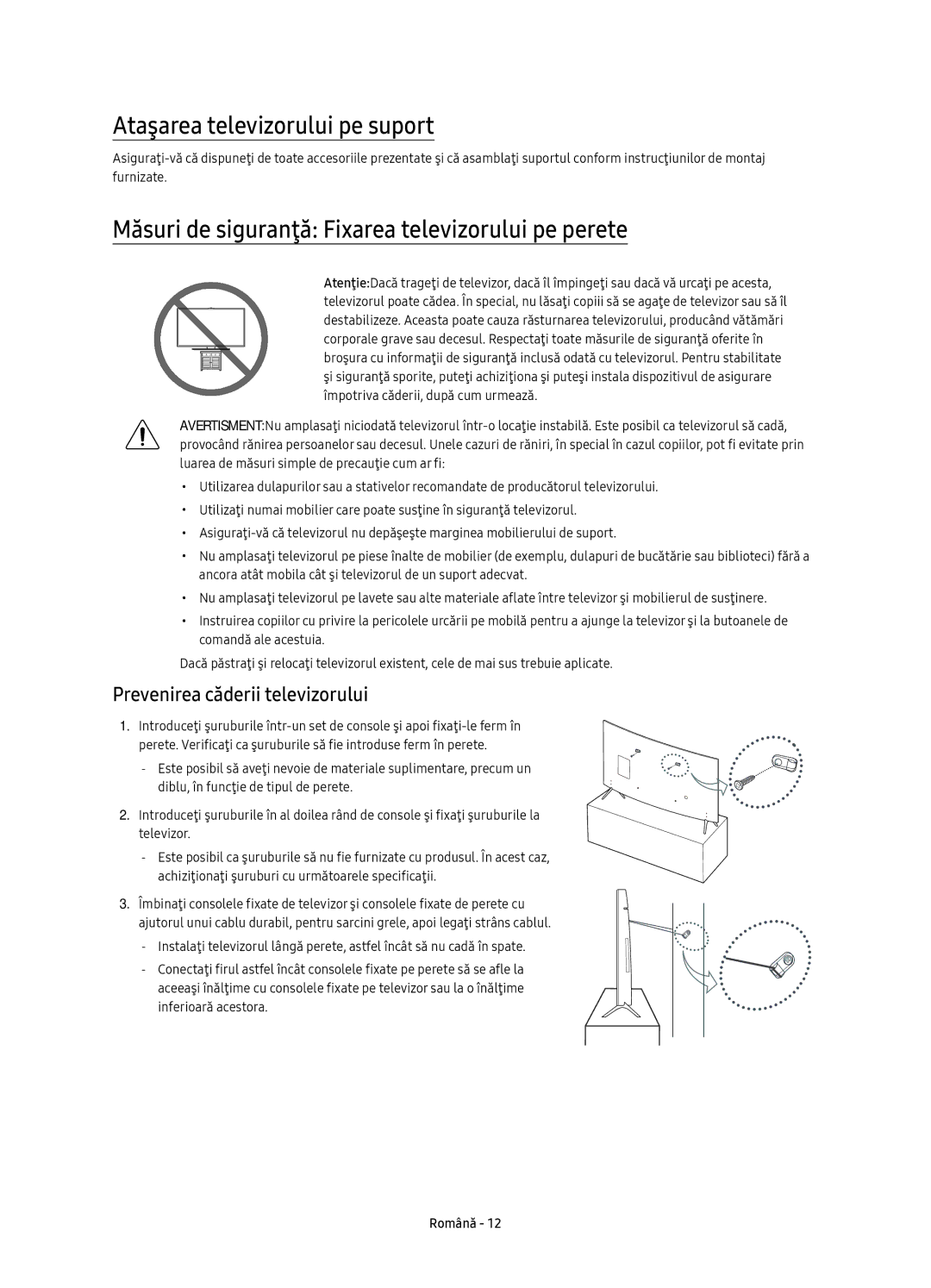 Samsung UE65KS7500SXXH manual Ataşarea televizorului pe suport, Măsuri de siguranţă Fixarea televizorului pe perete 