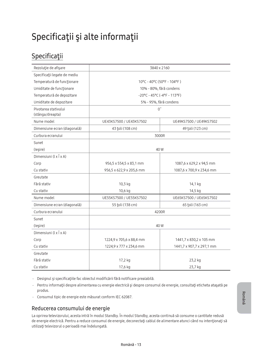 Samsung UE55KS7500SXXH, UE49KS7502UXXH, UE65KS7502UXXH Specificaţii şi alte informaţii, Reducerea consumului de energie 