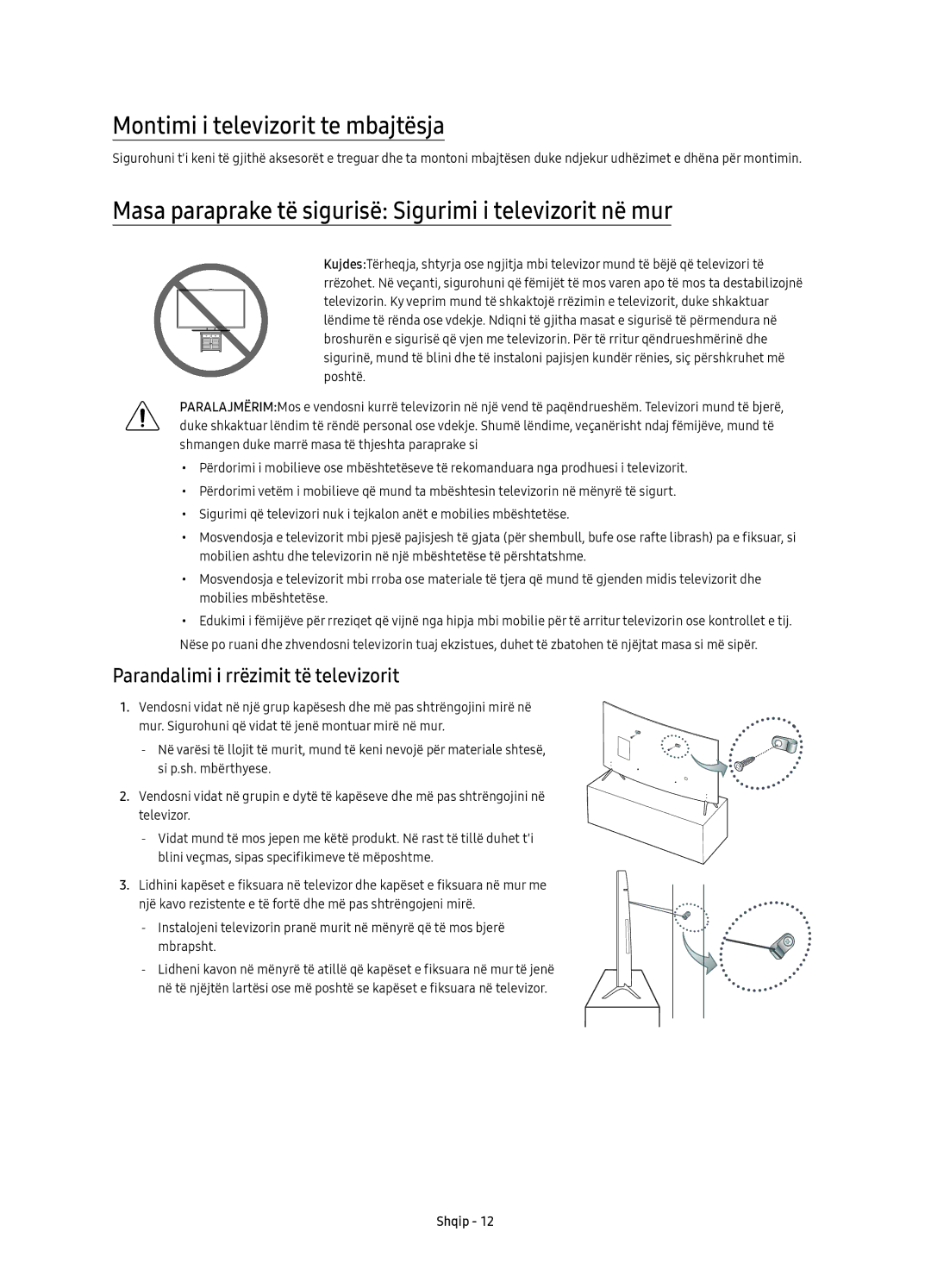 Samsung UE43KS7502UXXH manual Montimi i televizorit te mbajtësja, Masa paraprake të sigurisë Sigurimi i televizorit në mur 