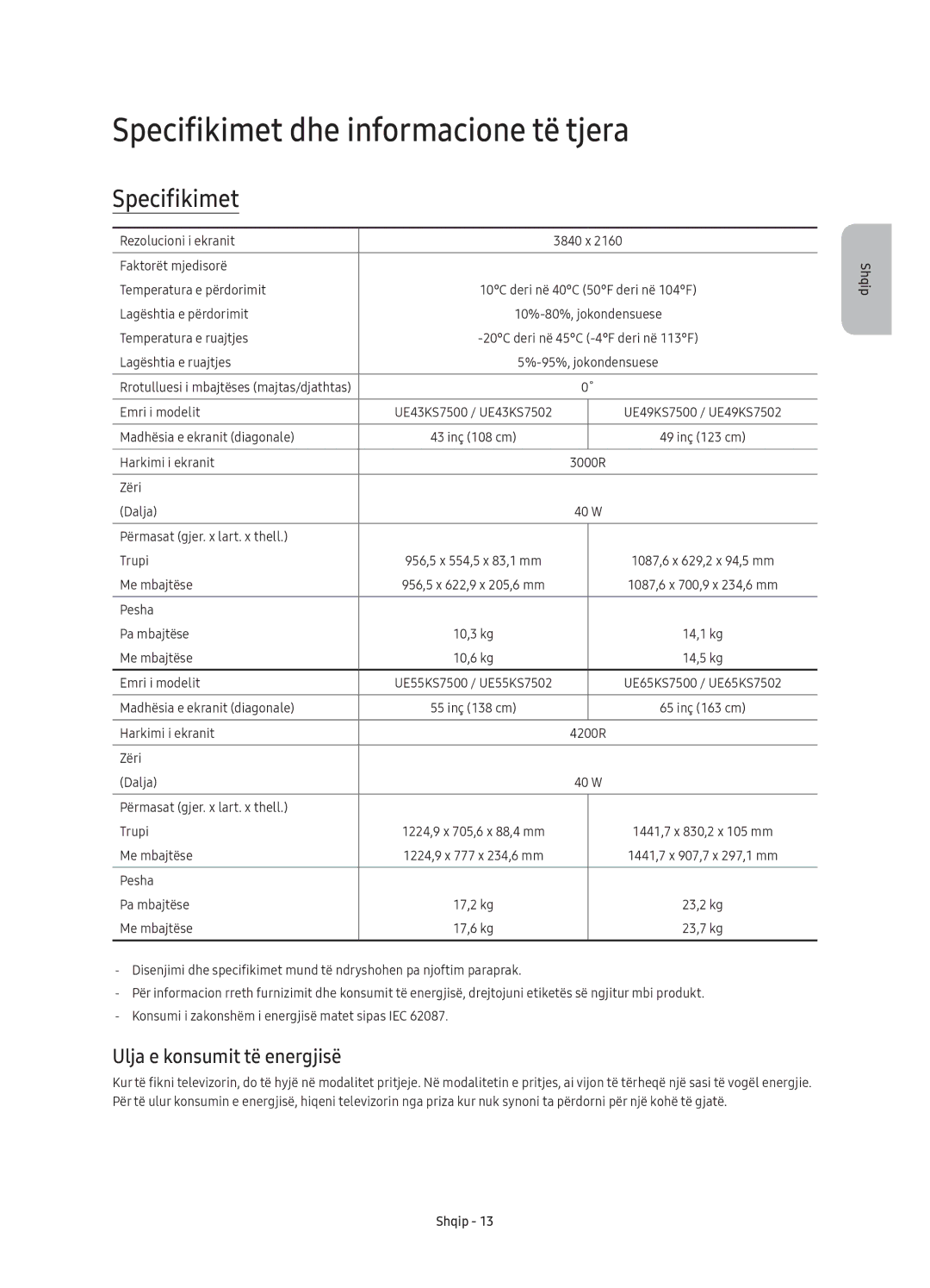 Samsung UE43KS7500SXXN, UE49KS7502UXXH, UE65KS7502UXXH Specifikimet dhe informacione të tjera, Ulja e konsumit të energjisë 