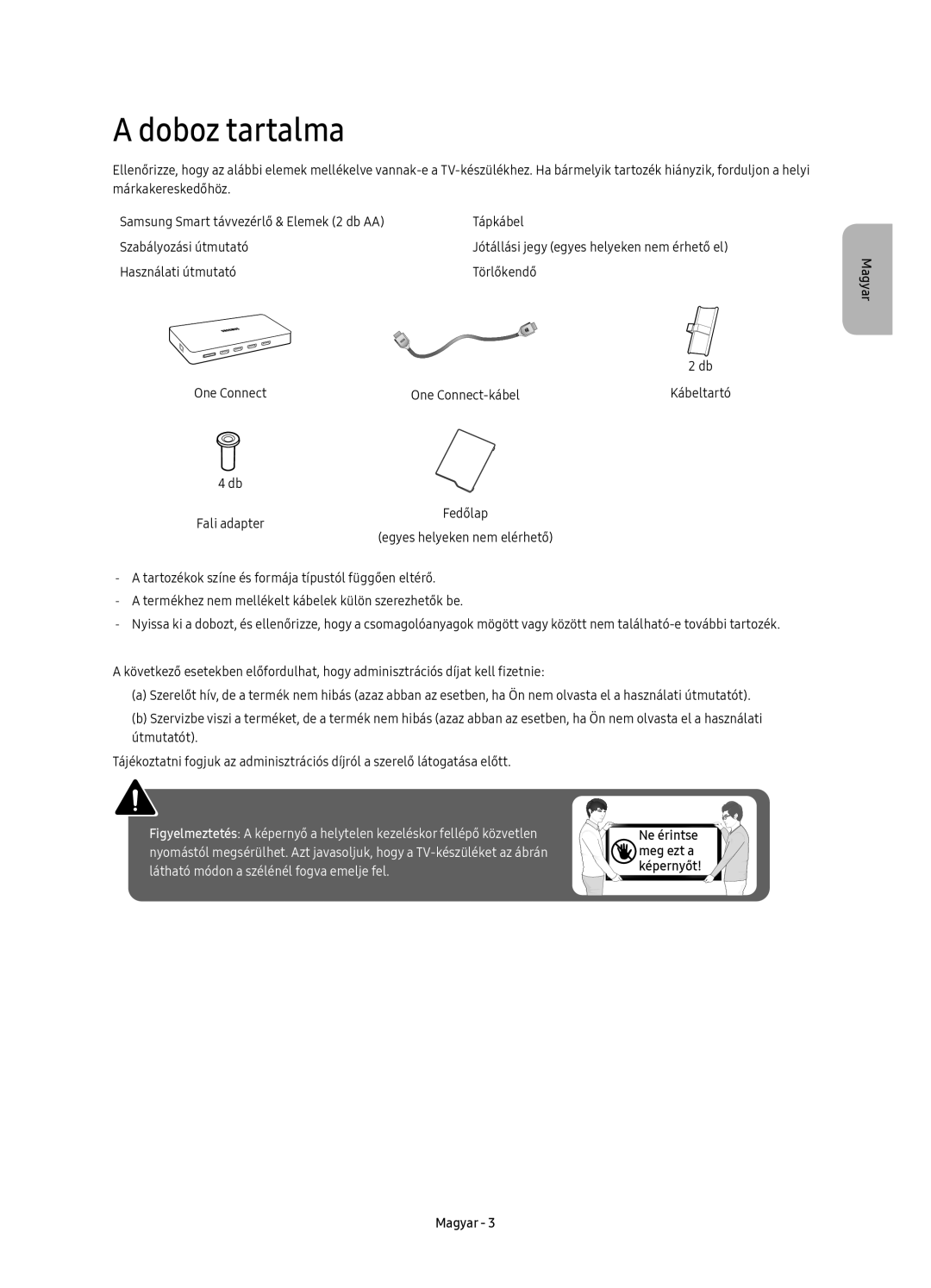 Samsung UE55KS7500SXXH, UE49KS7502UXXH manual Doboz tartalma, Használati útmutató Törlőkendő One Connect One Connect-kábel 