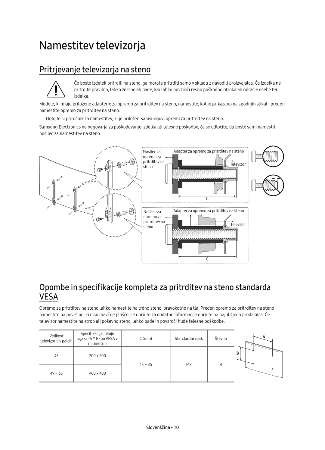 Samsung UE43KS7500SXXH, UE49KS7502UXXH, UE65KS7502UXXH manual Namestitev televizorja, Pritrjevanje televizorja na steno 