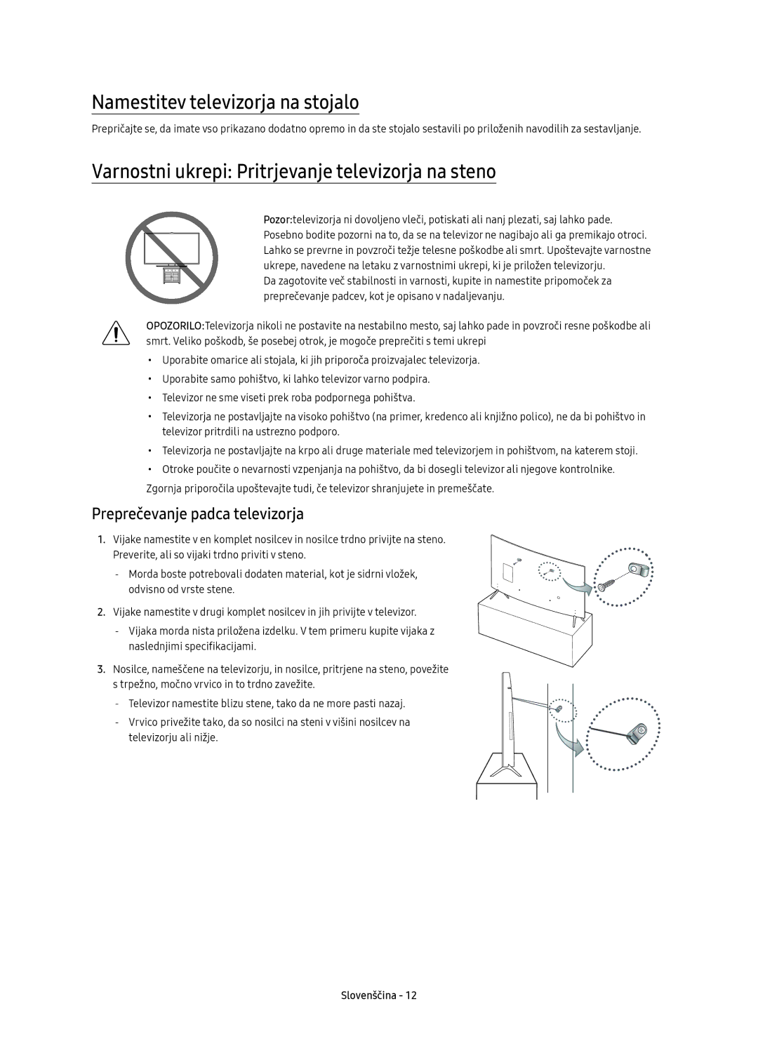 Samsung UE49KS7502UXXH manual Namestitev televizorja na stojalo, Varnostni ukrepi Pritrjevanje televizorja na steno 