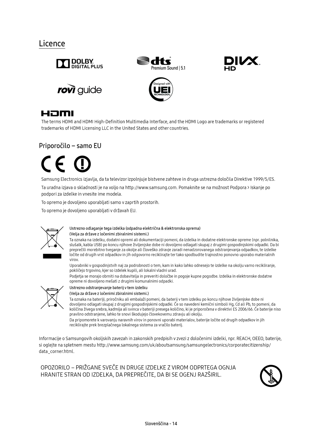 Samsung UE55KS7502UXXH, UE49KS7502UXXH, UE65KS7502UXXH, UE49KS7500SXXH, UE65KS7500SXXH manual Licence, Priporočilo samo EU 