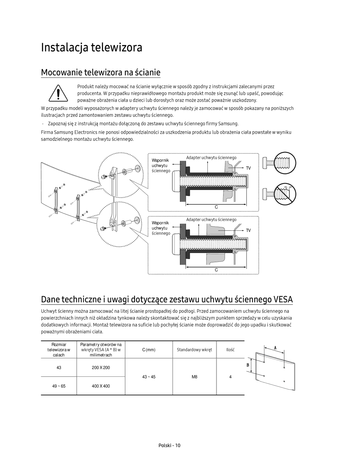 Samsung UE55KS7502UXXH, UE49KS7502UXXH, UE65KS7502UXXH manual Instalacja telewizora, Mocowanie telewizora na ścianie 