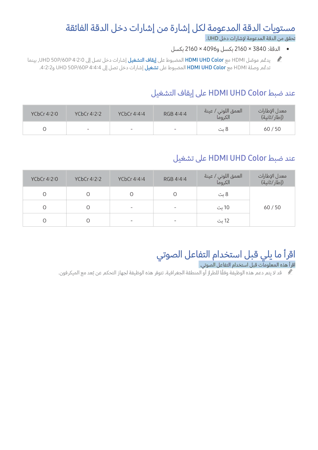 Samsung UE49KS8002TXXH, UE60KU6072UXXH يتوصلا لعافتلا مادختسا لبق يلي ام أرقا, ليغشتلا فاقيإ لىع Hdmi UHD Color طبض دنع 