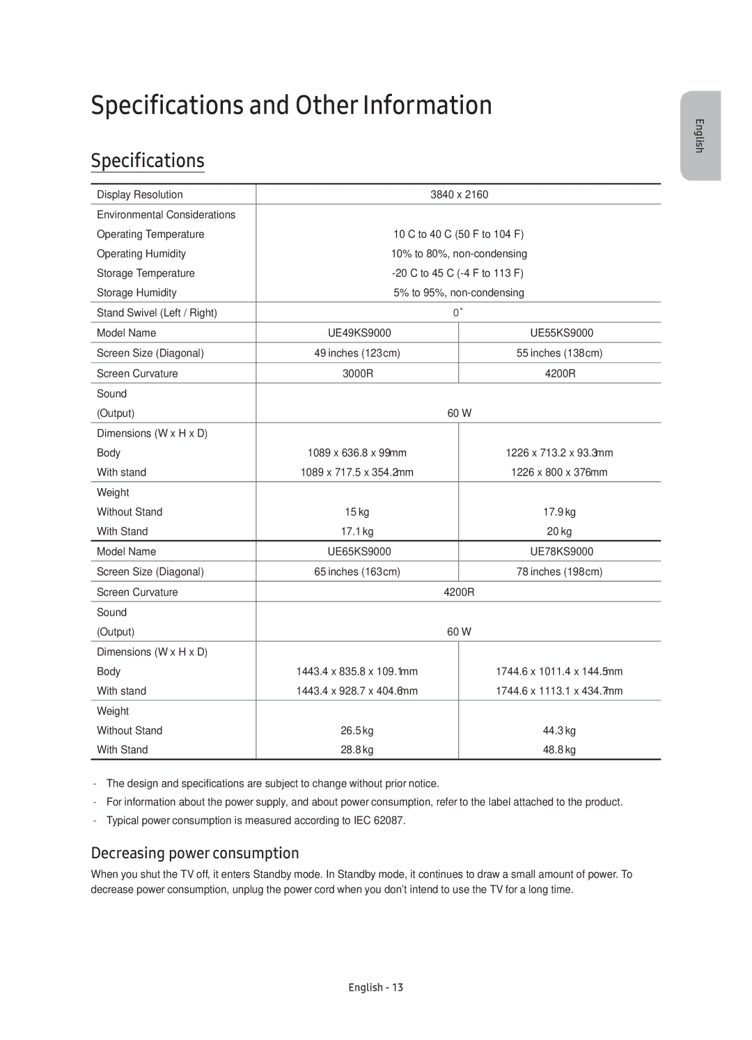 Samsung UE65KS9000TXZT, UE49KS9000TXZT, UE55KS9000TXZT Specifications and Other Information, Decreasing power consumption 