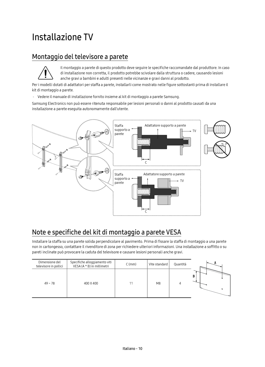 Samsung UE49KS9000TXZT, UE65KS9000TXZT, UE55KS9000TXZT, UE78KS9000TXZT Installazione TV, Montaggio del televisore a parete 