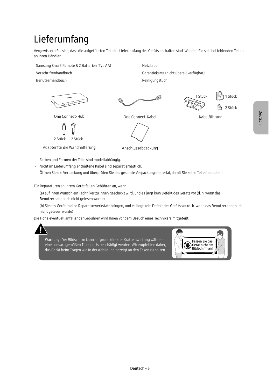 Samsung UE78KS9000TXZT, UE49KS9000TXZT, UE65KS9000TXZT, UE55KS9000TXZT manual Lieferumfang, Adapter für die Wandhalterung 