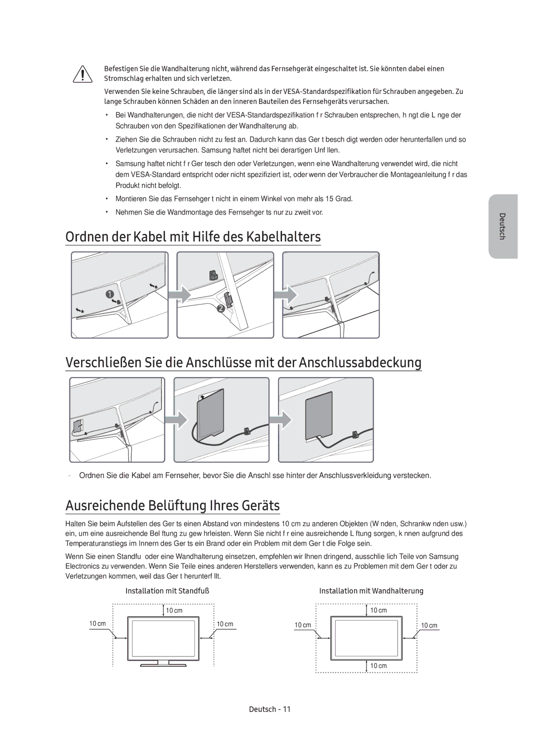 Samsung UE78KS9000TXZT, UE49KS9000TXZT, UE65KS9000TXZT, UE55KS9000TXZT manual Ausreichende Belüftung Ihres Geräts 