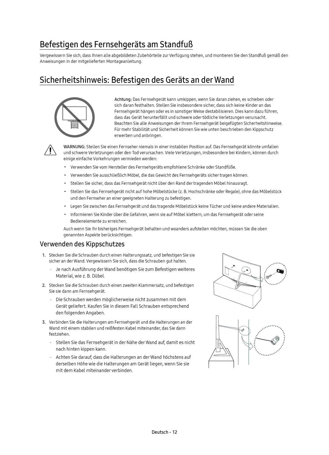 Samsung UE49KS9000TXZT Befestigen des Fernsehgeräts am Standfuß, Sicherheitshinweis Befestigen des Geräts an der Wand 