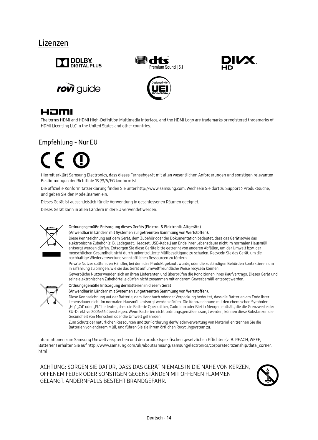 Samsung UE55KS9000TXZT, UE49KS9000TXZT, UE65KS9000TXZT, UE78KS9000TXZT manual Lizenzen, Empfehlung Nur EU 