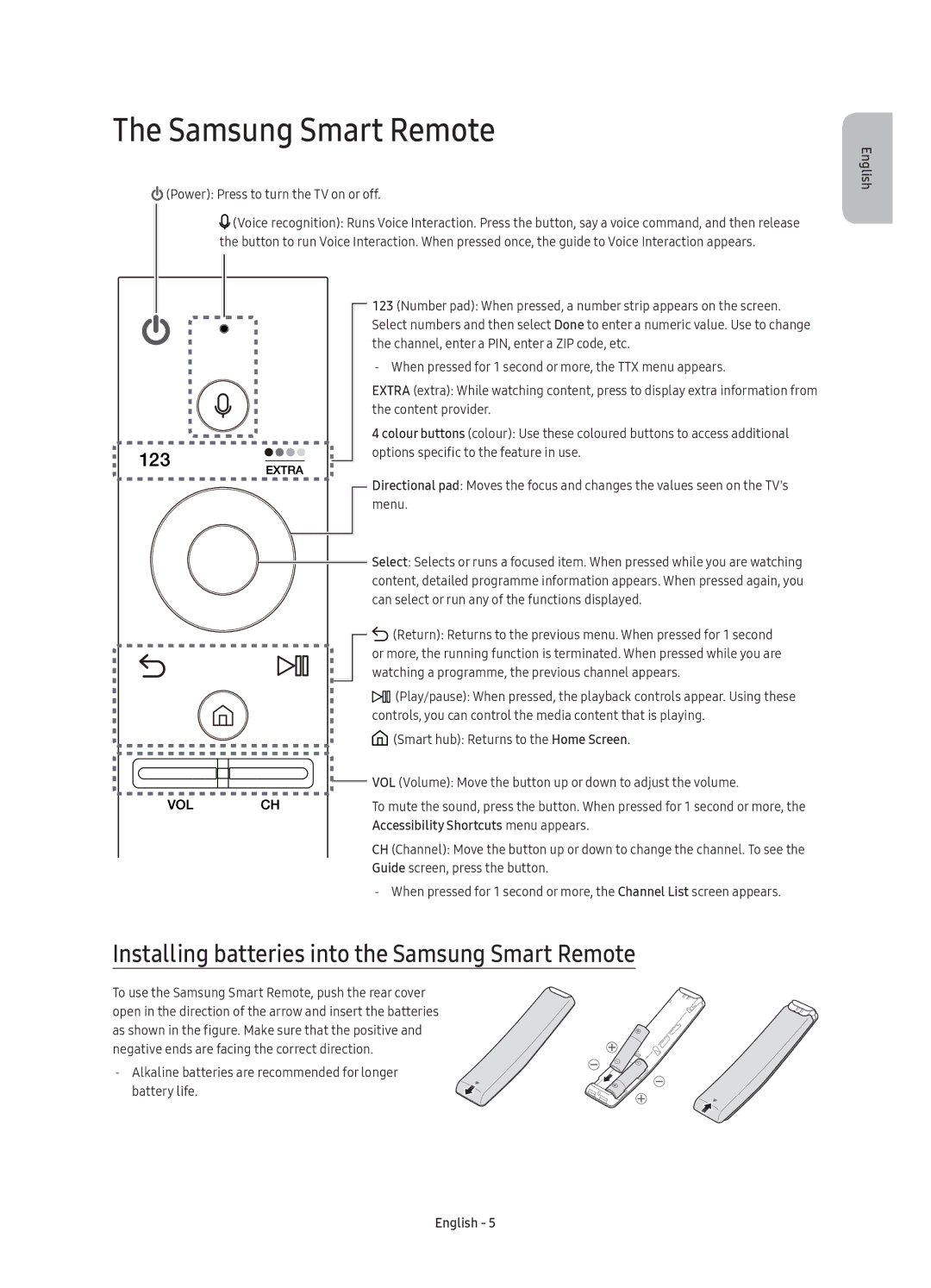 Samsung UE65KS9000TXZT, UE49KS9000TXZT, UE55KS9000TXZT manual Installing batteries into the Samsung Smart Remote 