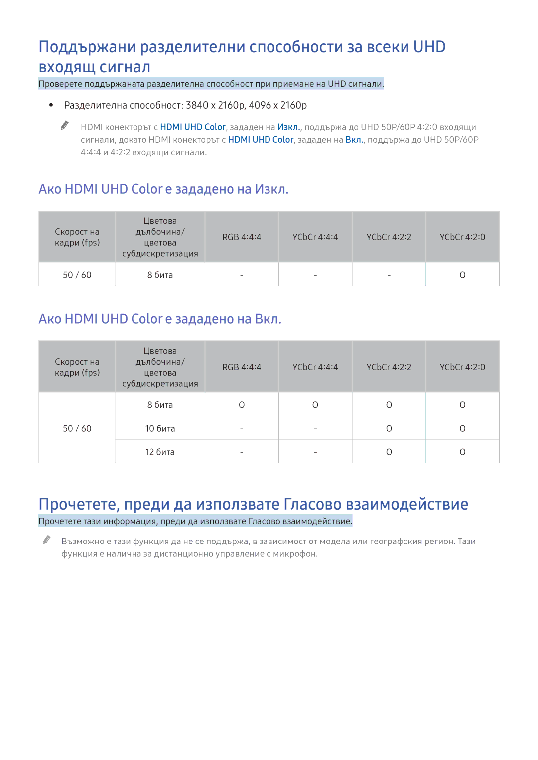 Samsung UE43KS7502UXXH manual Прочетете, преди да използвате Гласово взаимодействие, Ако Hdmi UHD Color е зададено на Изкл 