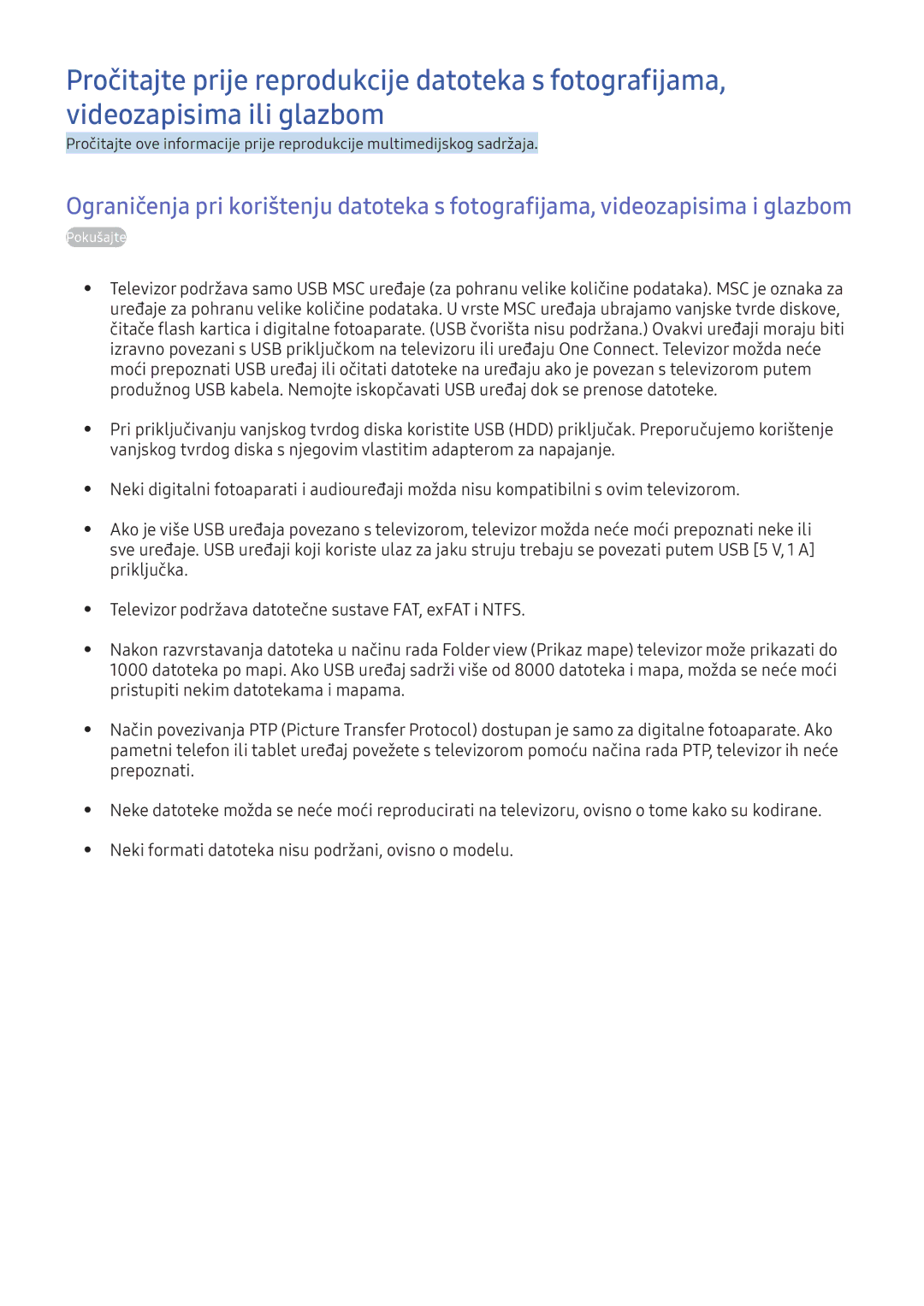 Samsung UE55KU6072UXXH, UE49KS9002TXXH manual Priključka, Televizor podržava datotečne sustave FAT, exFAT i Ntfs, Prepoznati 