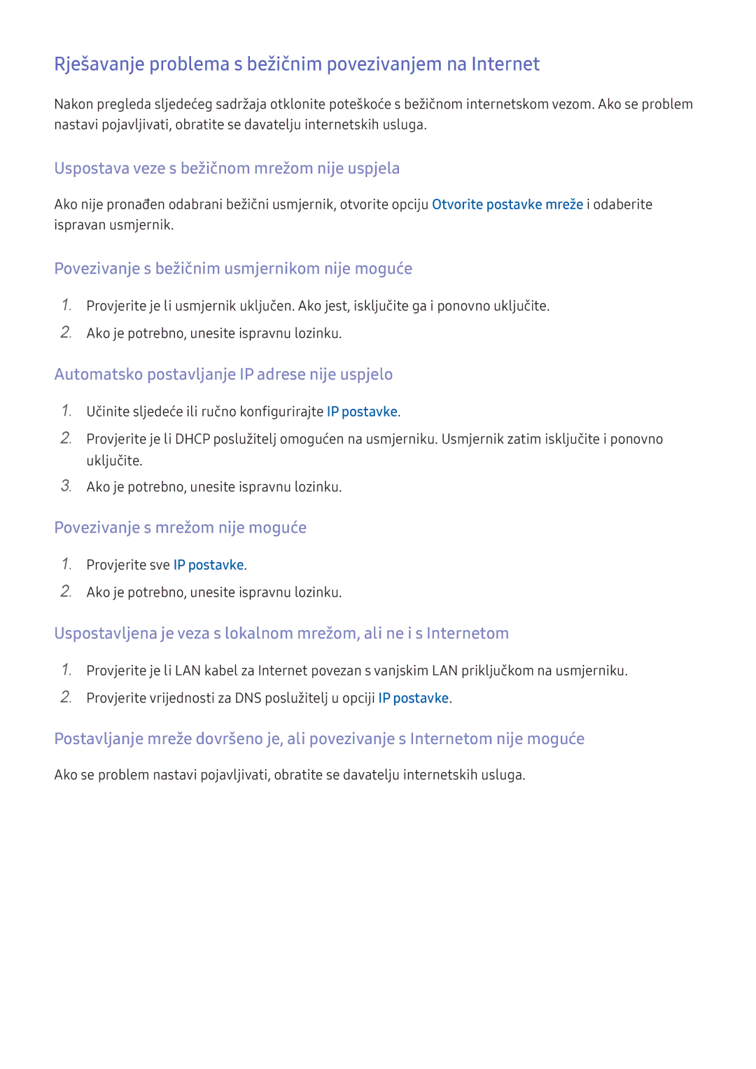Samsung UE60KU6072UXXH, UE49KS9002TXXH, UE49KS7502UXXH manual Rješavanje problema s bežičnim povezivanjem na Internet 