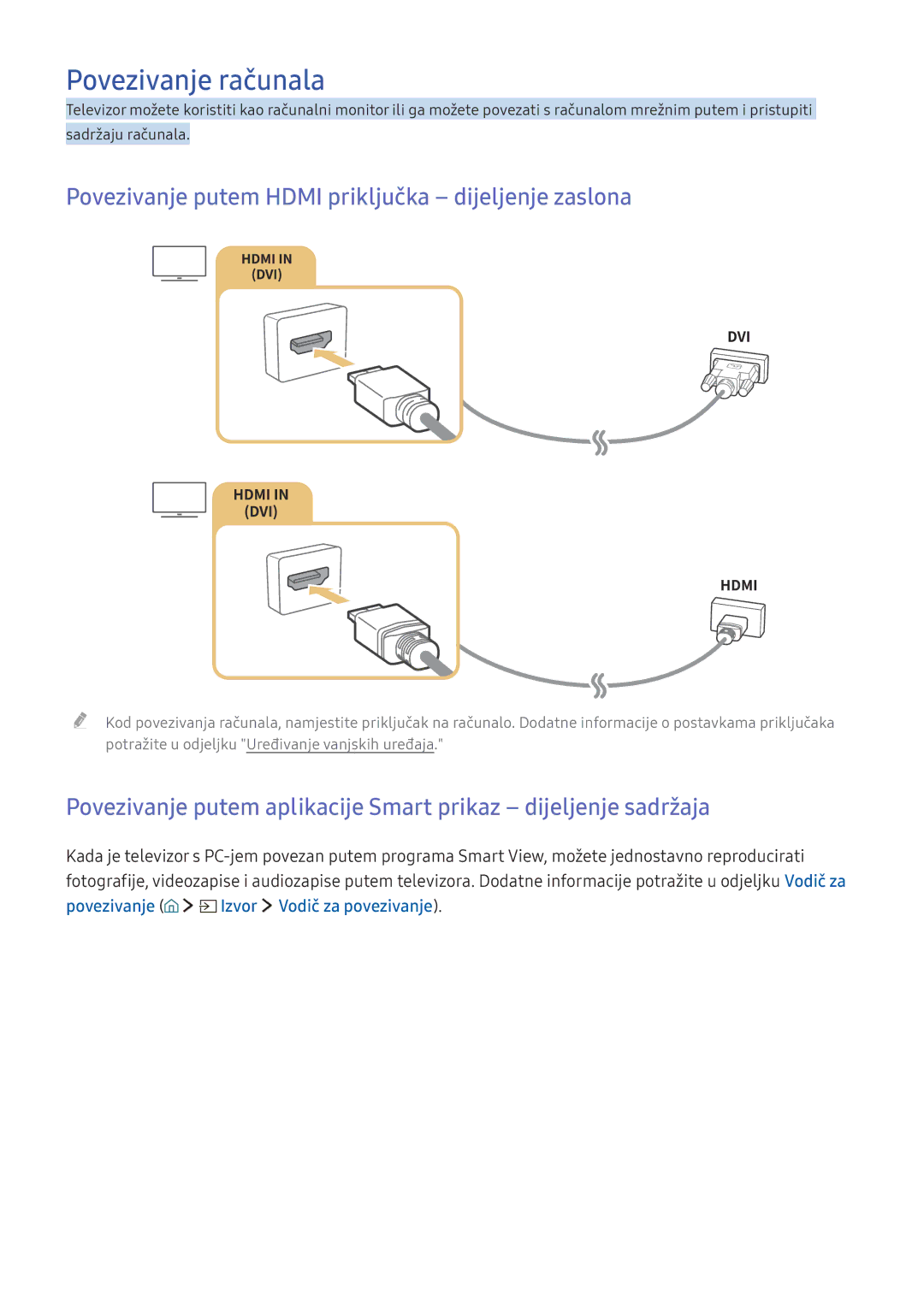 Samsung UE78KU6502UXXH, UE49KS9002TXXH manual Povezivanje računala, Povezivanje putem Hdmi priključka dijeljenje zaslona 