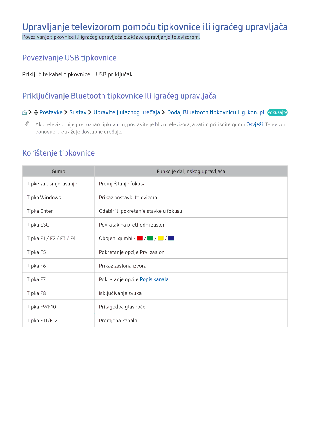 Samsung UE49KU6512UXXH manual Povezivanje USB tipkovnice, Priključivanje Bluetooth tipkovnice ili igraćeg upravljača 