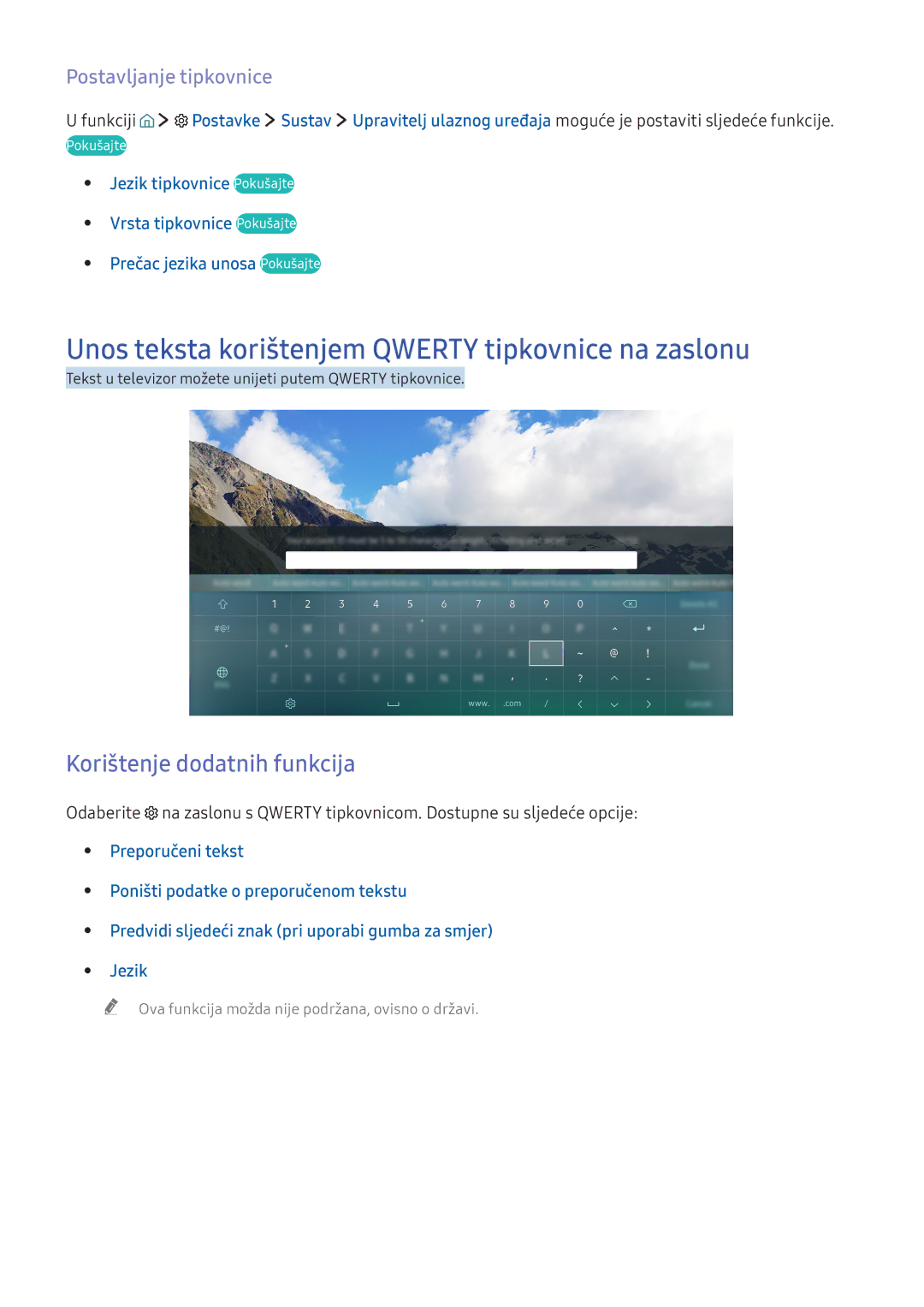 Samsung UE78KS9002TXXH, UE49KS9002TXXH manual Unos teksta korištenjem Qwerty tipkovnice na zaslonu, Postavljanje tipkovnice 