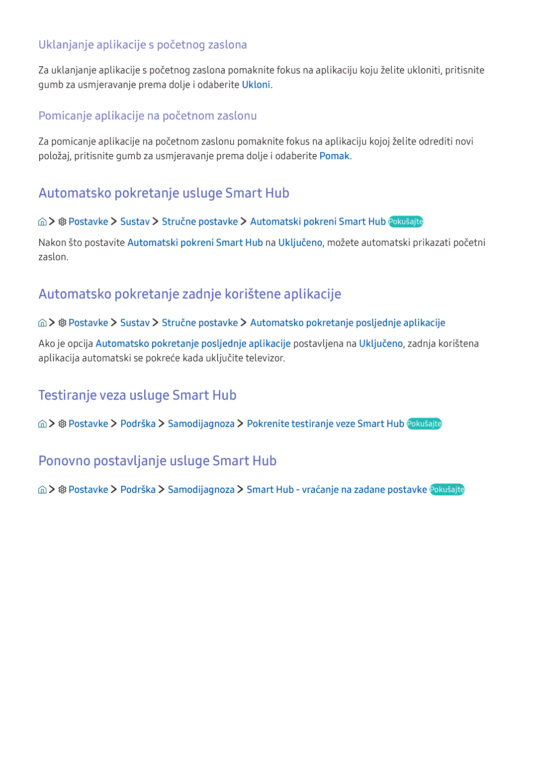 Samsung UE55KS7002UXXH manual Automatsko pokretanje usluge Smart Hub, Automatsko pokretanje zadnje korištene aplikacije 