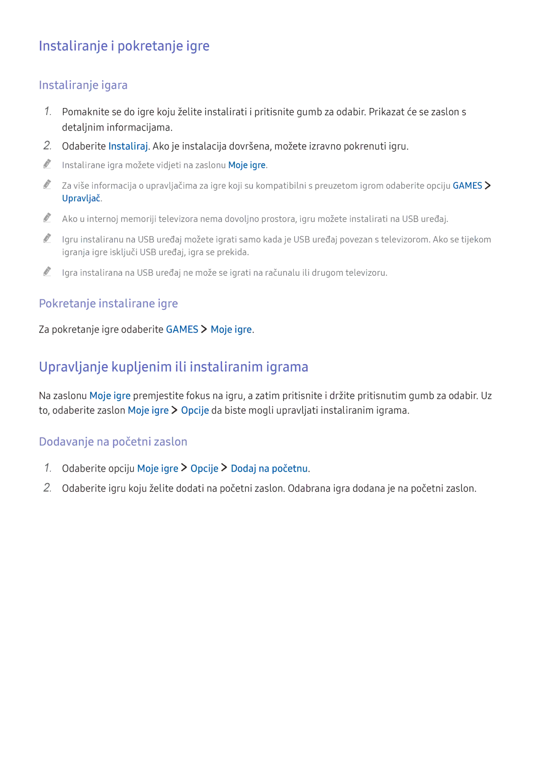 Samsung UE55KU6452UXXH Instaliranje i pokretanje igre, Upravljanje kupljenim ili instaliranim igrama, Instaliranje igara 