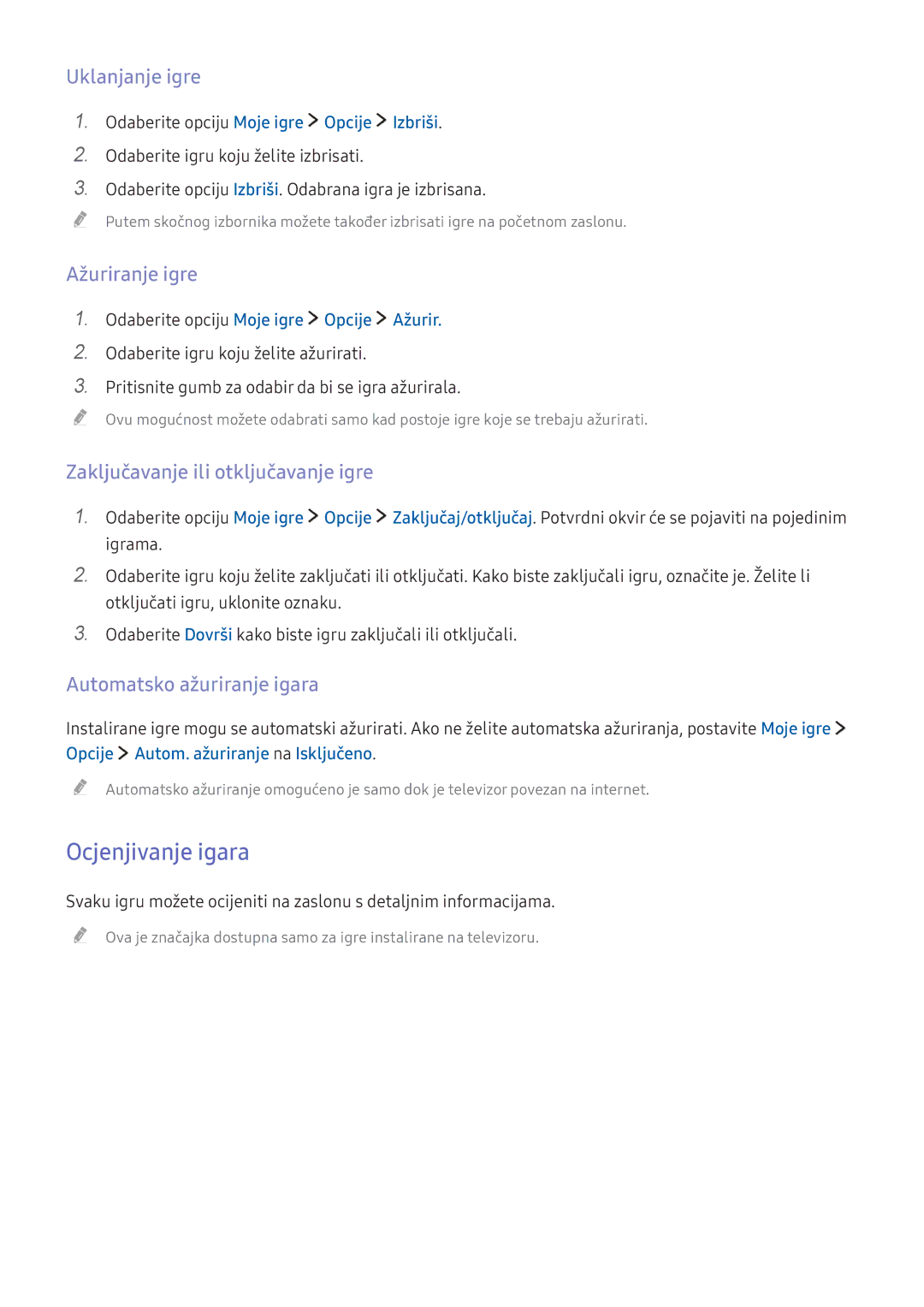 Samsung UE60KS7002UXXH manual Ocjenjivanje igara, Uklanjanje igre, Ažuriranje igre, Zaključavanje ili otključavanje igre 